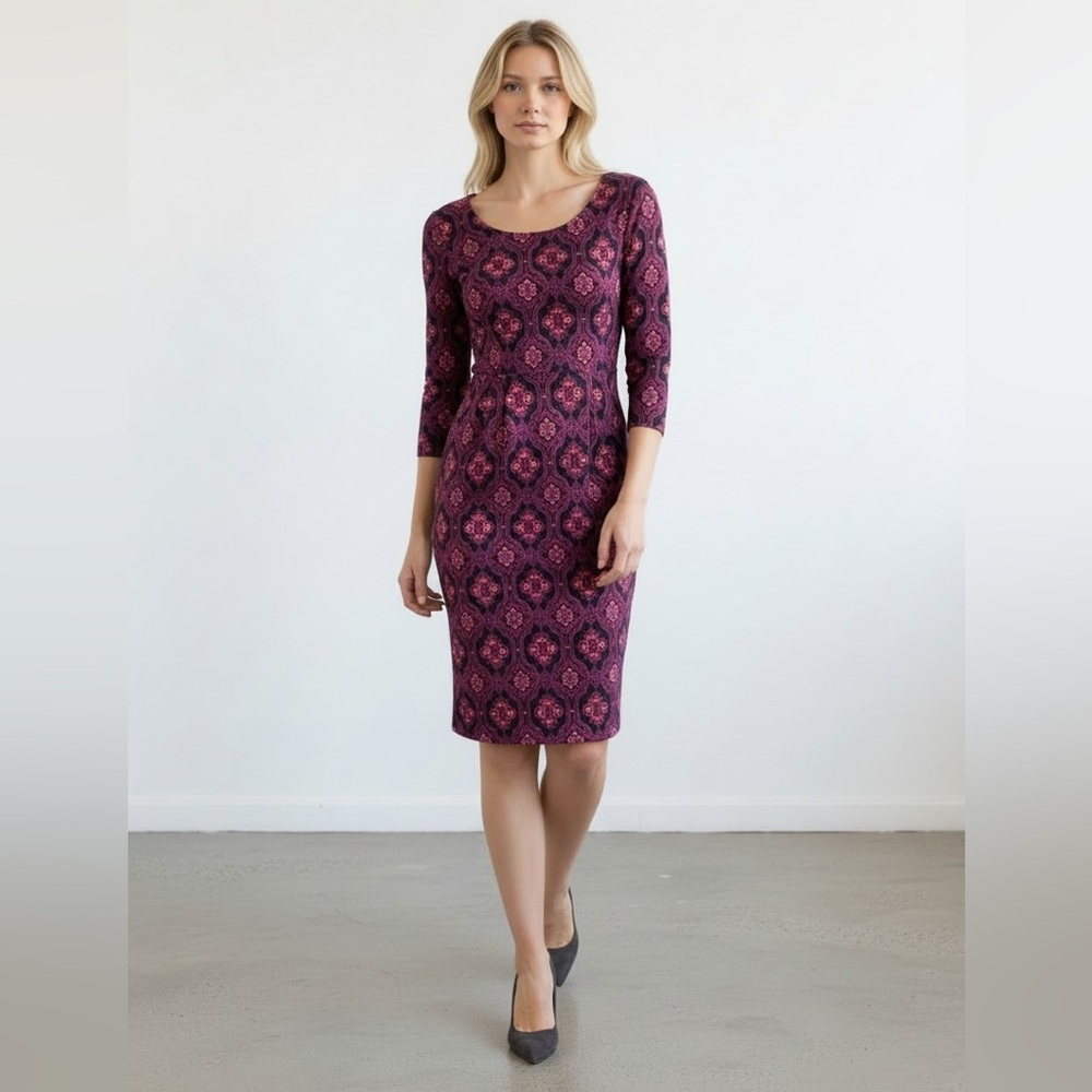 THE LIMITED Vintage Black Magenta 3/4 Sleeve Geo Pattern Midi Dress Great Con S